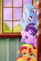 Size: 1280x1920 | Tagged: safe, artist:symbianl, starlight glimmer, sunset shimmer, trixie, pony, unicorn, adorable face, blushing, counterparts, cute, diatrixes, equestria girls ponified, evening, female, filly, glimmerbetes, indoors, magical trio, scooby stack, shimmerbetes, signature, sky, spy, the anti twilight sparkle trio brigade, tree, twilight's counterparts, underhoof, window, younger
