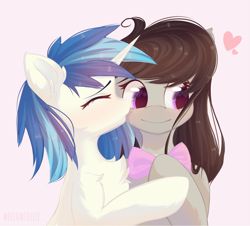 Size: 4325x3902 | Tagged: safe, artist:melloncollie-chan, dj pon-3, octavia melody, vinyl scratch, earth pony, pony, unicorn, g4, absurd resolution, blushing, bow, cheek kiss, cute, duo, duo female, female, hug, kissing, lesbian, ship:scratchtavia, shipping, simple background, smiling