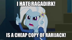 Size: 1280x714 | Tagged: safe, edit, edited screencap, screencap, trixie, equestria girls, g4, my little pony equestria girls: rainbow rocks, caption, image macro, implied dirk thistleweed, implied gay, implied lesbian, implied ragamuffin, implied rarijack, implied shipping, mouthpiece, op is a duck, op is trying to start shit so badly that it's kinda funny, spam in the comments, text