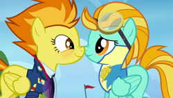 Size: 1280x720 | Tagged: safe, edit, edited screencap, screencap, lightning dust, spitfire, pegasus, pony, g4, wonderbolts academy, blushing, boop, clothes, duo, eye contact, face to face, female, goggles, lead pony, lead pony badge, looking at each other, mare, nose to nose, nose wrinkle, noseboop, scrunchy face, smiling, standing, uniform, wonderbolt trainee uniform