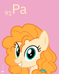 Size: 4000x5000 | Tagged: safe, artist:parclytaxel, pear butter, earth pony, pony, series:joycall6's periodic table, g4, .svg available, absurd resolution, bust, chemistry, cute, female, grin, looking at you, mare, pearabetes, periodic table, pink background, portrait, protactinium, simple background, smiling, solo, vector
