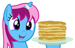 Size: 2348x1500 | Tagged: safe, artist:ponyrailartist, oc, oc only, oc:parcly taxel, alicorn, pony, alicorn oc, female, food, horn, mare, pancakes, show accurate, simple background, smiling, solo, transparent background, wings