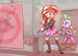 Size: 4211x3000 | Tagged: safe, artist:gsphere, derpibooru exclusive, queen chrysalis, spike, sunset shimmer, dragon, equestria girls, g4, ar-15, clothes, duo, female, gun, jacket, leather jacket, magazine, male, p226, shooting range, skirt, smiling, target, trigger discipline, weapon