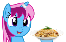 Size: 2348x1500 | Tagged: safe, alternate version, artist:ponyrailartist, oc, oc only, oc:parcly taxel, alicorn, pony, alicorn oc, female, food, horn, mare, pasta, show accurate, simple background, smiling, solo, spaghetti, transparent background, wings