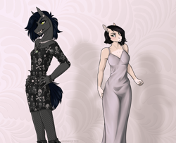 Size: 1600x1300 | Tagged: safe, artist:dementra369, oc, oc only, oc:ruby drop, anthro, accessory, blushing, clothes, dress, fangs, female, looking at each other, looking at you, mare, piercing