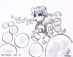 Size: 4576x3554 | Tagged: safe, artist:digiral, pinkie pie, pony, robot, robot pony, g4, blowing bubbles, bubble, female, pinkie bot, roboticization, solo, species swap, traditional art