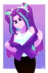 Size: 2161x3301 | Tagged: safe, artist:xan-gelx, aria blaze, equestria girls, g4, changing clothes, clothes, female, high res, looking at you, open clothes, pants, sleeveless, solo, tank top, undressing