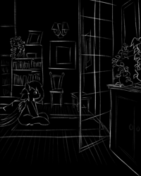 Size: 2000x2500 | Tagged: safe, artist:move, oc, oc only, oc:move, pegasus, pony, black and white, bookshelf, carpet, furniture, grayscale, high res, looking up, melancholy, monochrome, open door, pillow, plant, sketch, sky, stare, window, wings