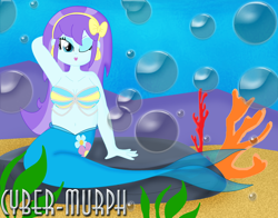 Size: 3288x2584 | Tagged: safe, artist:cyber-murph, aqua blossom, mermaid, equestria girls, g4, arm behind head, armpits, background human, belly, belly button, breasts, chubby, cleavage, coral, ear piercing, earring, high res, jewelry, kissy face, mermaidized, one eye closed, piercing, rock, seashell bra, seaweed, signature, sitting, species swap, underwater, wink
