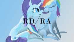Size: 1280x720 | Tagged: safe, artist:sogreatandpowerful, rainbow dash, rarity, pegasus, pony, unicorn, g4, blue background, boop, cover art, eyes closed, female, lesbian, looking at each other, mare, noseboop, sgap, ship:raridash, shipping, simple background, sitting, slash, smiling, sogreatandpowerful
