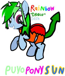 Size: 522x614 | Tagged: safe, artist:pagiepoppie12345, rainbow dash, dracony, dragon, hybrid, pony, g4, 1000 hours in ms paint, bikini, clothes, draco centauros, dragon tail, dragon wings, dragoness, female, green hair, horn, horns, puyo puyo, puyo puyo sun, rainbow dash always dresses in style, swimsuit, tankini, wings