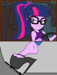 Size: 1138x1493 | Tagged: safe, sci-twi, twilight sparkle, equestria girls, g4, car, clothes, driving, feet, female, fetish, foot fetish, foot focus, high heels, legs, pedal, pedal pump, pedaling, pictures of legs, platform heels, platform shoes, sandals, shoes, solo, stiletto heels