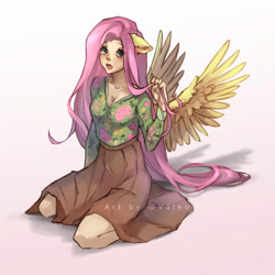 Size: 2000x2000 | Tagged: safe, artist:xvaleox, fluttershy, human, g4, clothes, dress, eared humanization, female, high res, humanized, kneeling, sitting, solo, winged humanization, wings