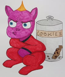 Size: 2162x1840 | Tagged: safe, artist:zosma-art, earth pony, pony, cookie, food, grumpy, incredibles 2, jack-jack parr, ponified, the incredibles, traditional art