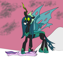 Size: 5310x4971 | Tagged: safe, artist:ksldrdpl, queen chrysalis, starlight glimmer, changeling, changeling queen, pony, unicorn, g4, the ending of the end, abuse, bad end, defeated, fangs, female, glimmerbuse, snow, ultimate chrysalis, victorious villain