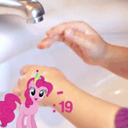 Size: 720x720 | Tagged: safe, pinkie pie, earth pony, human, pony, g4, happy birthday to you!, 2020, animated, birthday, coronavirus, countdown, covid-19, female, hand washing, hat, looking at you, mare, offscreen character, offscreen human, party hat, singing, solo, song, sound, talking to viewer, webm