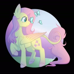 Size: 1979x1970 | Tagged: safe, artist:luciakitsu, fluttershy, butterfly, pegasus, pony, :o, butterfly on nose, colored hooves, female, head turn, insect on nose, leonine tail, looking at something, mare, open mouth, partial background, profile, raised hoof, solo, standing, two toned wings, unshorn fetlocks, wings