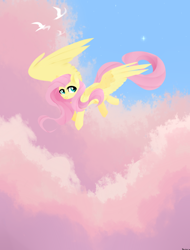 Size: 1100x1450 | Tagged: safe, artist:shiny-dust, fluttershy, bird, pegasus, pony, g4, cloud, female, flying, looking at you, mare, sky, solo, spread wings, stars, three quarter view, wings