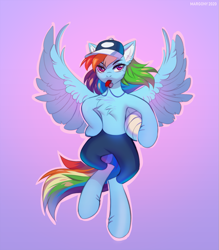 Size: 1051x1200 | Tagged: safe, artist:margony, rainbow dash, pegasus, semi-anthro, g4, arm hooves, blowing whistle, chest fluff, clothes, coach, coach rainbow dash, female, flying, hat, leggings, mare, rainbow dashs coaching whistle, signature, solo, sports, spread wings, that pony sure does love whistles, tights, volleyball, whistle, wings