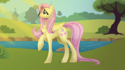 Size: 1280x720 | Tagged: safe, artist:karathepony, fluttershy, butterfly, pegasus, pony, g4, butterfly on nose, chest fluff, crepuscular rays, female, folded wings, insect on nose, looking at something, mare, outdoors, pond, profile, raised hoof, smiling, solo, standing, water, wings