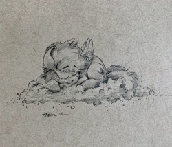 Size: 3024x2584 | Tagged: safe, artist:rigbyh00ves, rainbow dash, pegasus, pony, g4, cloud, curled up, eyes closed, female, folded wings, high res, mare, nap, on a cloud, pencil drawing, prone, sleeping, solo, traditional art, wings