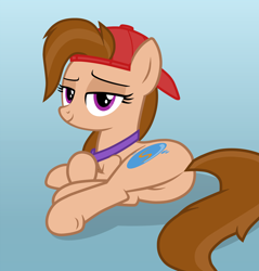Size: 2452x2562 | Tagged: safe, artist:chomakony, oc, oc only, oc:kiranne spell, earth pony, pony, bedroom eyes, butt, cap, crossed hooves, earth pony oc, featureless crotch, female, gradient background, hat, high res, lidded eyes, looking at you, lying down, mare, plot, show accurate, simple background, smiling, solo