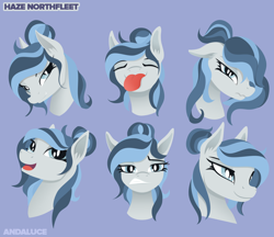 Size: 2000x1731 | Tagged: safe, artist:andaluce, oc, oc only, oc:haze northfleet, pony, bust, expressions, multeity, reference sheet, simple background, smiling, solo, tongue out