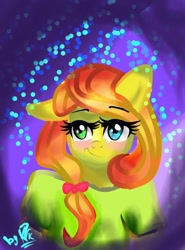 Size: 800x1080 | Tagged: safe, artist:kiwwsplash, oc, oc only, earth pony, anthro, abstract background, blushing, bust, clothes, earth pony oc, eyelashes, signature, smiling, solo