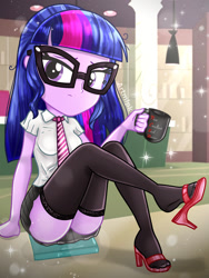 Size: 1800x2400 | Tagged: safe, artist:artmlpk, sci-twi, twilight sparkle, equestria girls, g4, adorable face, adorasexy, adorkable, alternate hairstyle, ass, beautiful, book, bowtie, butt, clothes, coffee, coffee mug, confused, confusion, cup, cute, dangling, digital art, dork, female, high heels, library, looking at you, messy hair, microskirt, miniskirt, mug, necktie, nerd, sandals, schrödinger's pantsu, sci-twibutt, sexy, shoe dangling, shoes, sitting, skirt, socks, solo, thigh highs, thigh socks, thighs, tired, twiabetes, twibutt, upskirt, watermark, zettai ryouiki