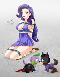 Size: 1280x1658 | Tagged: safe, alternate version, artist:shinta-girl, rarity, spike, dog, human, equestria girls, g4, absolute cleavage, arm behind back, breasts, busty rarity, cleavage, gritted teeth, human coloration, kneeling, rope, sandals, spike the dog