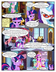 Size: 612x792 | Tagged: safe, artist:newbiespud, edit, edited screencap, screencap, applejack, lyra heartstrings, minuette, queen chrysalis, rarity, twilight sparkle, twinkleshine, alicorn, earth pony, pony, unicorn, comic:friendship is dragons, a canterlot wedding, g4, bed, clothes, comic, dialogue, dress, eyelashes, female, freckles, frown, glasses, glowing horn, hoof on chest, hoof shoes, horn, jewelry, magic, mannequin, mare, music notes, needle, raised hoof, rarity's glasses, screencap comic, singing, smiling, telekinesis, tiara, unicorn twilight, vase