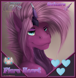 Size: 1249x1281 | Tagged: safe, artist:flareheartmz, oc, oc only, oc:flareheart, pony, unicorn, bust, cutie mark, frame, horn, looking at you, portrait, solo, text