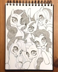 Size: 720x893 | Tagged: safe, artist:chihirohowe, artist:sakurajoker, applejack, fluttershy, pinkie pie, rainbow dash, rarity, twilight sparkle, earth pony, pegasus, pony, unicorn, g4, applejack's hat, cowboy hat, female, grayscale, hat, inktober, instagram, mane six, mare, monochrome, pencil drawing, traditional art