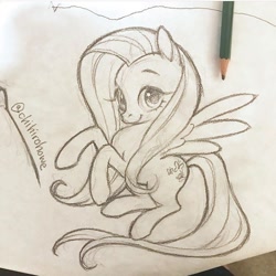 Size: 720x720 | Tagged: safe, artist:chihirohowe, fluttershy, pony, g4, female, instagram, monochrome, pencil drawing, solo, traditional art