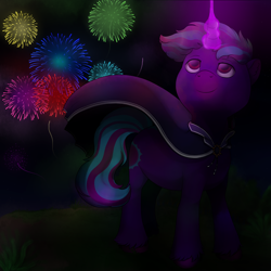 Size: 3000x3000 | Tagged: safe, artist:69beas, oc, oc only, oc:neon eclipse, pony, unicorn, cloak, clothes, colored hooves, dark, digital art, fireworks, glowing horn, happy, high res, hoof fluff, horn, looking up, magic, magic aura, male, smiling, solo, stallion