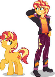 Size: 2868x4000 | Tagged: safe, artist:orin331, sunset shimmer, human, pony, unicorn, equestria girls, equestria girls series, g4, spoiler:eqg series (season 2), arm behind head, boots, clothes, equestria guys, geode of empathy, grin, handsome, human ponidox, jacket, looking back, magical geodes, male, my little colt, pretty boy, raised hoof, rule 63, self ponidox, shoes, simple background, smiling, stallion, sunset glare, transparent background, vector