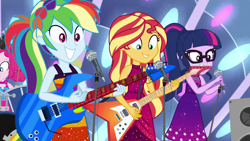 Size: 1920x1080 | Tagged: safe, screencap, pinkie pie, rainbow dash, sci-twi, sunset shimmer, twilight sparkle, equestria girls, equestria girls specials, g4, my little pony equestria girls: better together, my little pony equestria girls: spring breakdown, all good (song), female, microphone, microphone stand, sleeveless