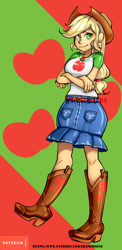Size: 486x1000 | Tagged: safe, alternate version, artist:srasomeone, applejack, equestria girls, equestria girls series, g4, breasts, busty applejack, clothes, cowboy hat, crossed arms, female, freckles, hat, looking at you, skirt, smiling, solo, stetson