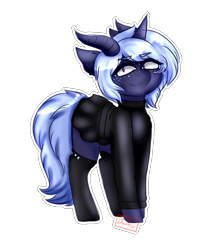 Size: 800x900 | Tagged: safe, artist:diantrex, oc, oc only, oc:blizzard shard, pony, succubus, unicorn, clothes, horns, male, piercing, simple background, skirt, socks, solo, sweater, transparent background, trap, white outline