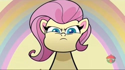 Size: 1280x720 | Tagged: safe, screencap, fluttershy, pony, death of a sales-pony, g4.5, my little pony: pony life, angry, female, fluttershy is not amused, giant pony, giantess, giantshy, looking at you, macro, rainbow, solo, treehouse logo, unamused