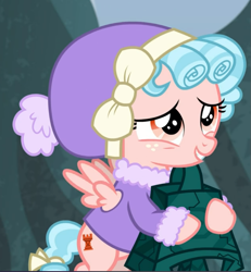 Size: 821x890 | Tagged: safe, screencap, cozy glow, pegasus, pony, frenemies (episode), g4, bell, clothes, cozybetes, cropped, cute, female, grogar's bell, holding, smiling, solo