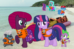 Size: 1621x1080 | Tagged: safe, artist:徐詩珮, edit, vector edit, fizzlepop berrytwist, glitter drops, grubber, spike, spring rain, tempest shadow, twilight sparkle, alicorn, pony, unicorn, series:sprglitemplight diary, series:sprglitemplight life jacket days, series:springshadowdrops diary, series:springshadowdrops life jacket days, g4, my little pony: the movie, the point of no return, alternate universe, banana boat, bisexual, broken horn, chase (paw patrol), clothes, cute, female, glitterbetes, horn, inflatable, inflatable banana, lesbian, lifeguard, lifeguard spring rain, lifejacket, marshall (paw patrol), paw patrol, polyamory, rocky (paw patrol), rubble (paw patrol), ship:glitterlight, ship:glittershadow, ship:sprglitemplight, ship:springdrops, ship:springlight, ship:springshadow, ship:springshadowdrops, ship:tempestlight, shipping, skye (paw patrol), springbetes, tempestbetes, twilight sparkle (alicorn), wet, zuma (paw patrol)