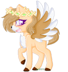 Size: 335x356 | Tagged: safe, artist:ramufuu, oc, pegasus, pony, :d, chest fluff, colored hooves, floral head wreath, flower, open mouth, pegasus oc, pixel art, smiling, two toned wings, wings