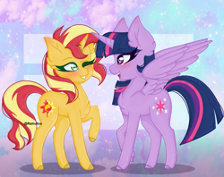 Size: 1270x1006 | Tagged: safe, artist:ramufuu, sunset shimmer, twilight sparkle, alicorn, pony, unicorn, g4, chest fluff, colored hooves, duo, ear fluff, female, mare, one eye closed, open mouth, raised hoof, smiling, twilight sparkle (alicorn), wink
