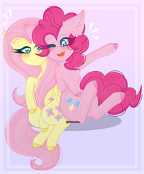Size: 1030x1237 | Tagged: safe, artist:ramufuu, fluttershy, pinkie pie, earth pony, pegasus, pony, g4, colored hooves, duo, ear fluff, eyelashes, female, mare, one eye closed, open mouth, sitting, smiling, wink