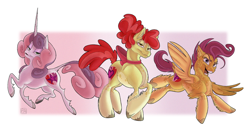 Size: 2304x1208 | Tagged: safe, artist:pawb-art, apple bloom, scootaloo, sweetie belle, classical unicorn, earth pony, pegasus, pony, unicorn, g4, bow, cloven hooves, crossed hooves, cutie mark, cutie mark crusaders, feathered fetlocks, female, horn, leonine tail, looking at you, mare, older, older apple bloom, older scootaloo, older sweetie belle, open mouth, redesign, simple background, smiling, spread wings, the cmc's cutie marks, trio, unshorn fetlocks, wings