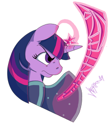 Size: 790x900 | Tagged: safe, artist:jaestring, twilight sparkle, pony, unicorn, fanfic:the immortal game, g4, blade, bust, cape, clothes, digital art, element of magic, fanfic art, female, frown, magic, mare, narrowed eyes, ponies make war, profile, simple background, telekinesis, transparent background