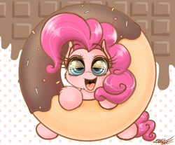 Size: 2048x1692 | Tagged: safe, artist:phoenixrk49, pinkie pie, earth pony, pony, g4, chocolate, cloud, donut, eye reflection, food, misleading thumbnail, open mouth, reflection, solo