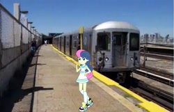 Size: 1767x1141 | Tagged: safe, artist:razethebeast, artist:topsangtheman, bon bon, sweetie drops, pony, equestria girls, g4, equestria girls in real life, irl, looking at you, new york city, new york city subway, photo, ponies in real life