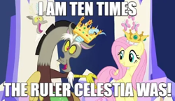Size: 480x276 | Tagged: safe, edit, edited screencap, screencap, discord, fluttershy, g4, what about discord?, caption, crown, funny, image macro, jewelry, regalia, text, the lion king